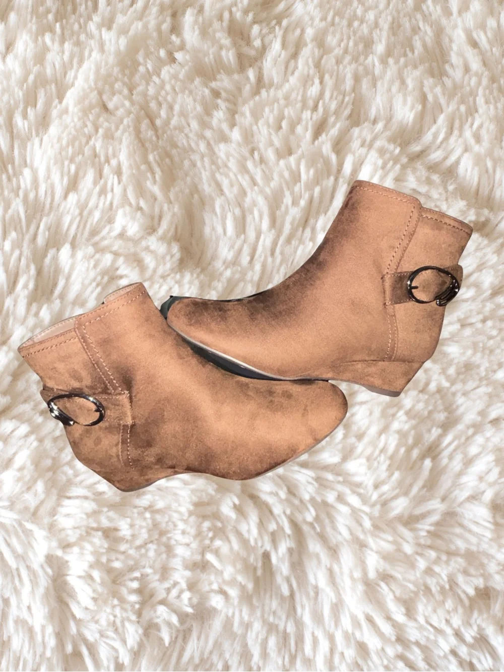 East 5th Tan Suede Wedge Ankle Booties with Buckle Detail